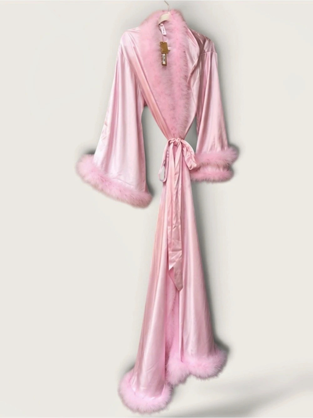 SKIMS Feather Trim Long Robe Pink Silk Size Small